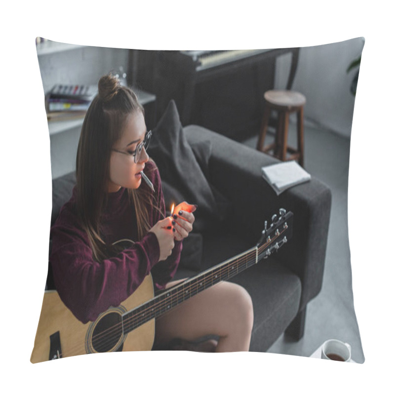 Personality  Beautiful Girl Sitting, Lighting Marijuana Joint And Holding Guitar At Home Pillow Covers