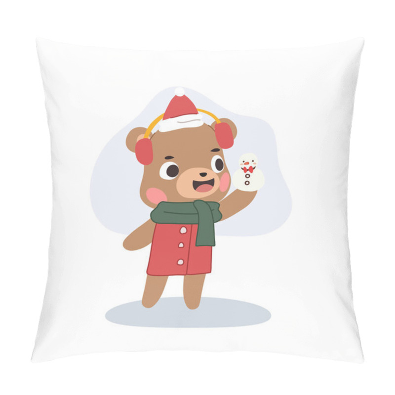 Personality  Cute Bear Cartoon With Snowman In Winter, Adorable Winter Characters And Snow Scene Pillow Covers