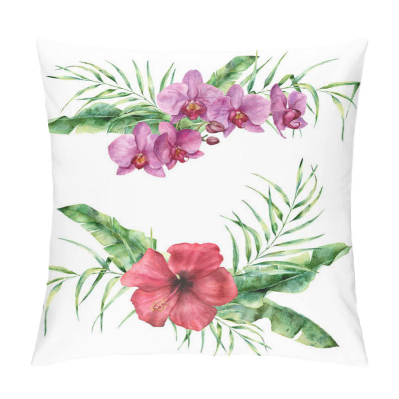 Personality  Watercolor Floral Composition With Exotic Flowers And Leaves. Hand Painted Bouquet With Hibiscus And Orchid, Palm Leaves And Branches Isolated On White Background. Tropical Flowers For Design Pillow Covers