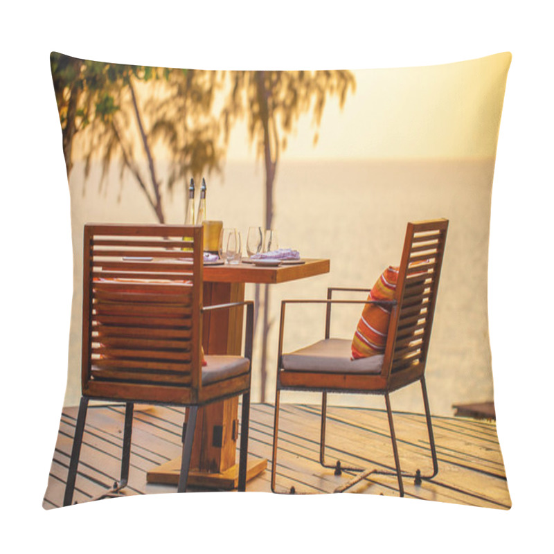 Personality  Sea Sunset In Modern Luxury Restaurant With Terrace. Outdoor Restaurant At The Beach With Pair Of Chair. Table Setting At Tropical Beach Restaurant. Elegant Hotel Or Resort Restaurant. Pillow Covers