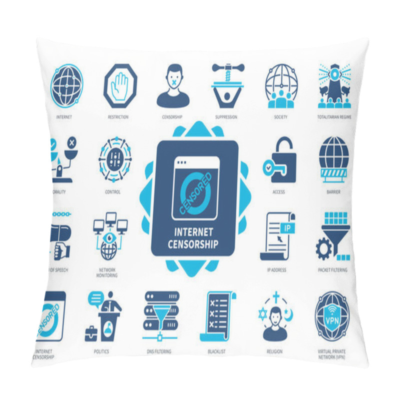 Personality  Internet Censorship Icon Set. Blacklist, Suppression, Restriction, Morality, Barrier, Control, DNS Filtering, Religion. Duotone Color Solid Icons Pillow Covers