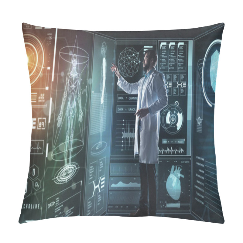 Personality  Calm Progressive Doctor Looking Concentrated While Working With Modern Device Pillow Covers