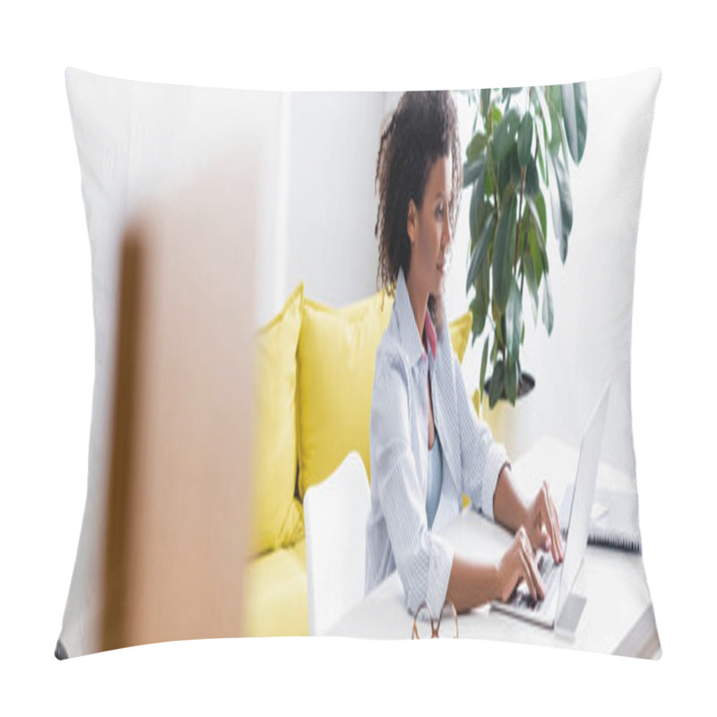 Personality  African American Freelancer Using Laptop Near Smartphone And Eyeglasses, Banner  Pillow Covers