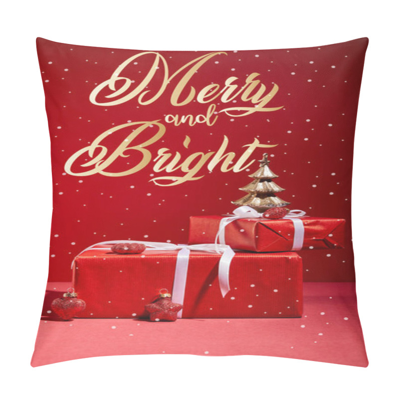 Personality  Red Gift Boxes And Decorative Golden Christmas Tree With Baubles On Red Background With Merry And Bright Golden Lettering Pillow Covers