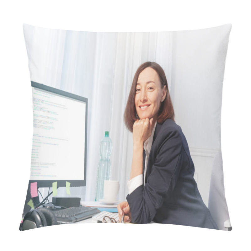 Personality  Beautiful Middle Aged Woman In Business Suit Working With Computer, Sitting At The Desk In The Office Pillow Covers