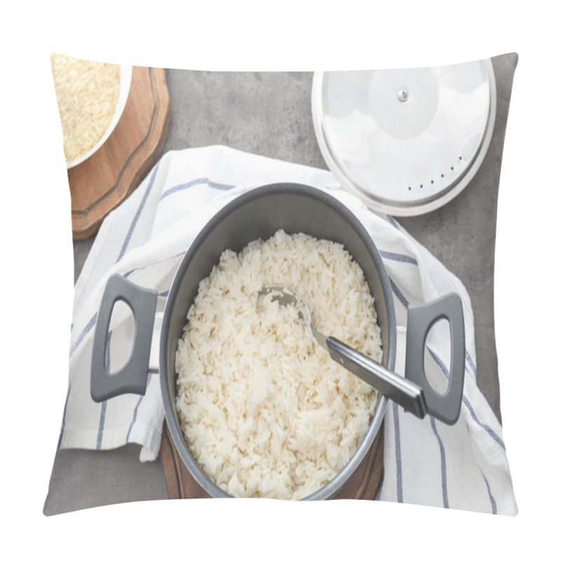 Personality  Saucepan With Boiled Rice On Grey Table Pillow Covers