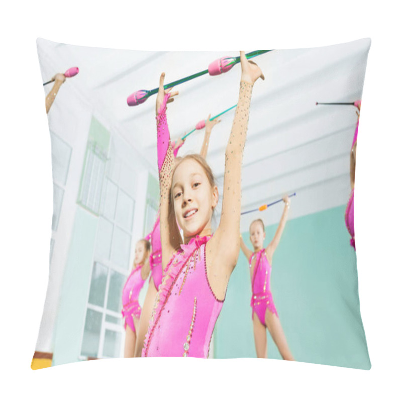 Personality  Happy Girls With Clubs In Sports Hall Pillow Covers