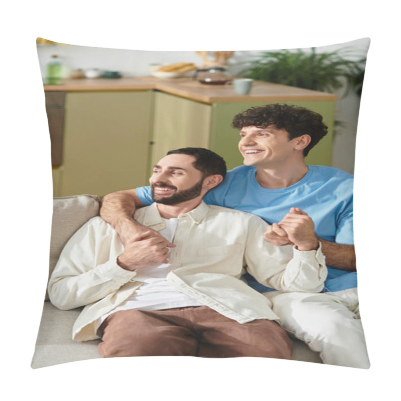 Personality  In A Modern Apartment, Two Men Enjoy Each Others Company While Smiling And Holding Hands. Pillow Covers