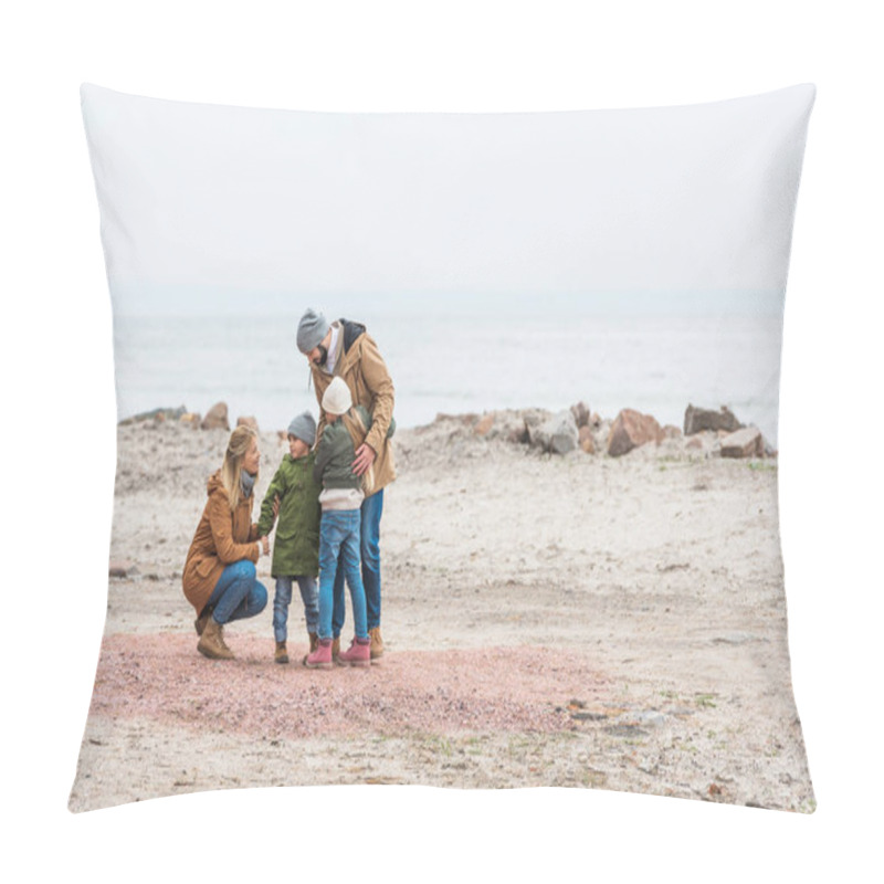 Personality  Family Emracing On Seashore Pillow Covers