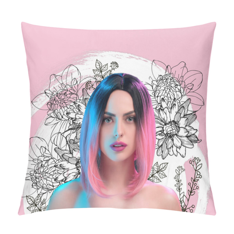 Personality  Portrait Of Attractive Nude Woman In Pink Wig, Isolated On Grey Pillow Covers