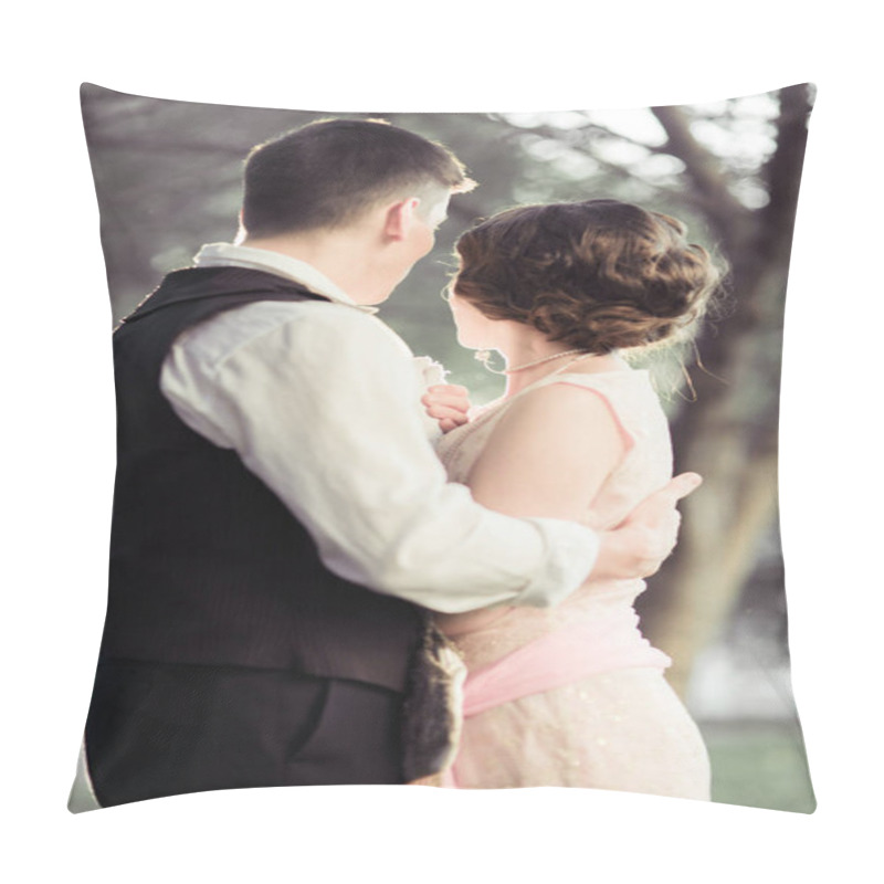 Personality  A Young Couple Stands Against A Background Of Large Trees. A Man Embraces A Woman And Looks Into The Distance. Historical Reconstruction Pillow Covers