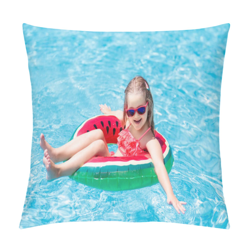 Personality  Child With Watermelon Inflatable Ring In Swimming Pool. Little Girl Learning To Swim In Outdoor Pool Of Tropical Resort. Kid Eye Wear. Water Toys And Floats For Kids. Healthy Sport For Children.  Pillow Covers