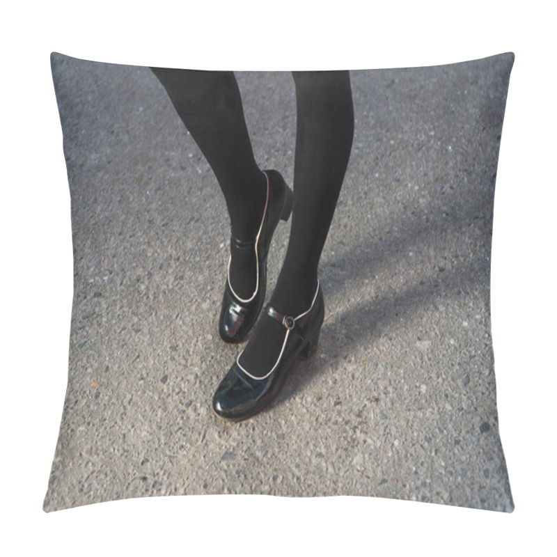 Personality  Retro Style Image Of School Or Student Girls Feet In Uniform. Black Elegant Shoes Pillow Covers