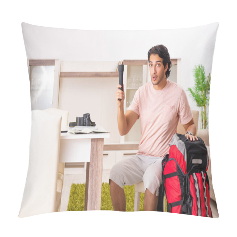 Personality  Young Male Tourist Preparing For Trip At Home Pillow Covers