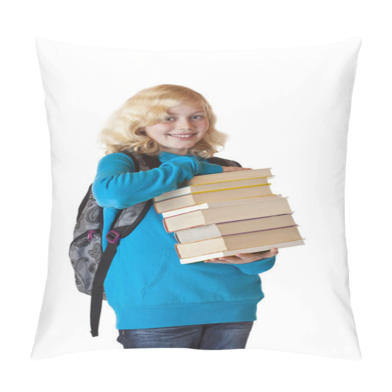 Personality  Blonde,pretty Girl With Backpack Holds A Stack Of Books And Smiles In Kamera.isolated On A White Background. Pillow Covers