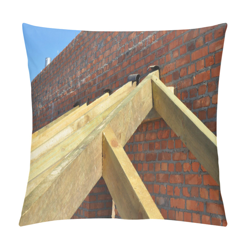 Personality  Close Up On Wooden Rafters, Eaves, Wooden Beams Installed On Brick Wall With Bitumen Waterproofing Membrane And Metal Anchors Attachment. Roofing Construction. Pillow Covers