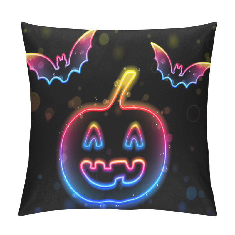 Personality  Halloween Neon Background With Pumpkin And Bats Pillow Covers