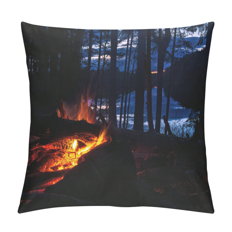 Personality  Bonfire With Sparks At Night By The Lake In The Forest. Cook Marshmallows. Pillow Covers