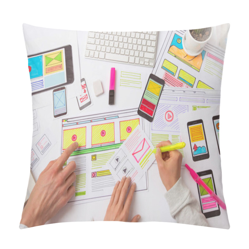 Personality  Web Designer Draws Sketches For Applications On The Desktop. Development User Interface. UX / UI Design Concept. Pillow Covers