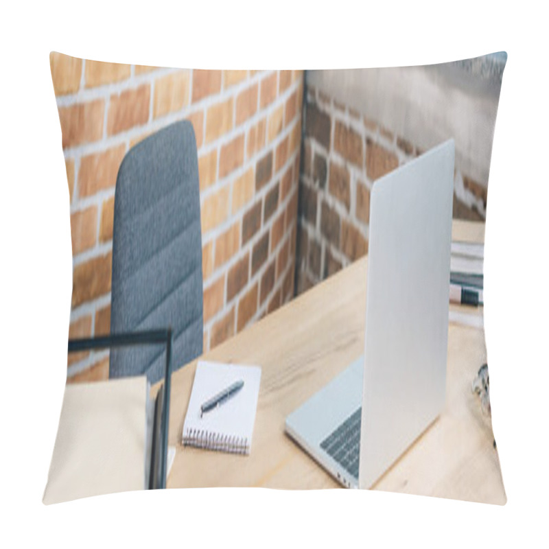 Personality  Panoramic Shot Of Wooden Desk With Laptop, Notebook And Pen In Loft Office Pillow Covers