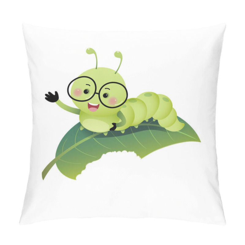 Personality  Vector Illustration Cute Cartoon Caterpillar Wearing Glasses And Showing His Hand On The Leaf. Pillow Covers