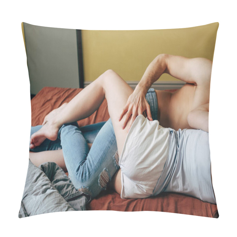 Personality  Cropped View Of Passionate Man Hugging Sexy Girl In Bedroom  Pillow Covers