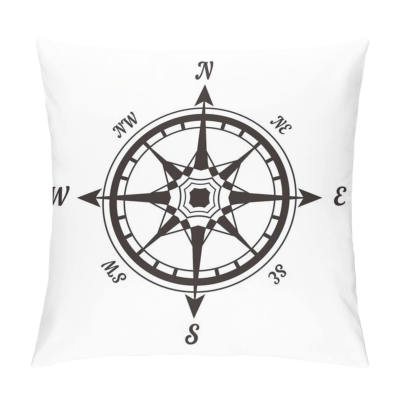 Personality  Rose Of Wind Monochrome Template With Arrows And Signs. Compass For Topographical Orientation. Geographical Round Symbol With Letters Black And White Isolated Cartoon Flat Vector Illustration. Pillow Covers