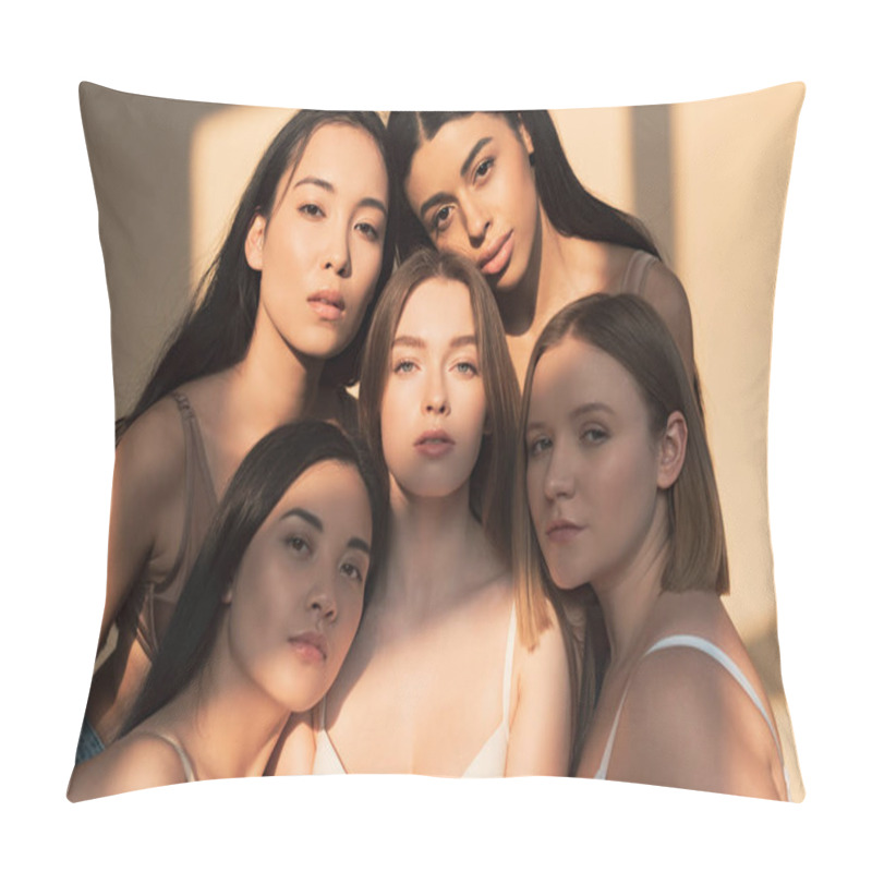 Personality  Five Beautiful Multicultural Young Women Looking At Camera In Sunlight  Pillow Covers