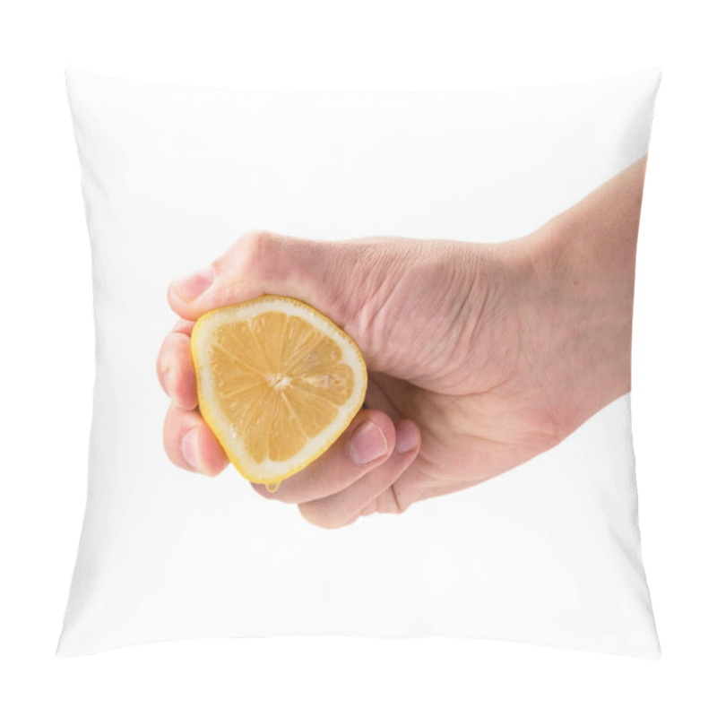 Personality  Hand Squeezes Lemon Juice Close - Up On A White. Isolated. Pillow Covers