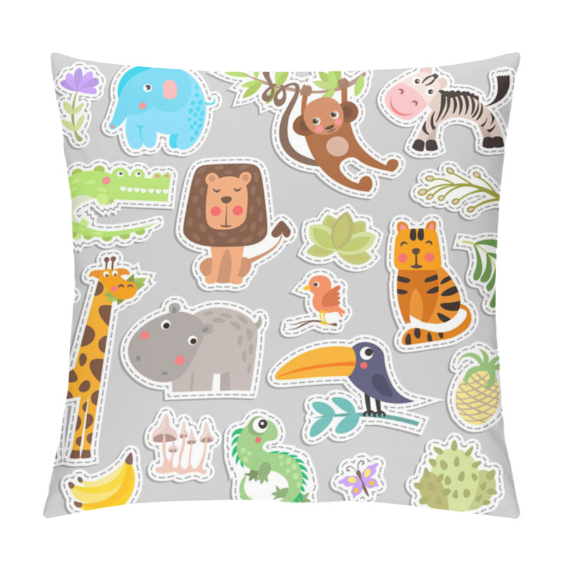 Personality  Cute Set Of Stickers Of Safari Animals And Flowers. Savanna And Safari Funny Cartoon Sticker Animals. Jungle Animals Vector Set Of Sticker Elements. Crocodile, Giraffe, Lion And Monkey, And Other Pillow Covers