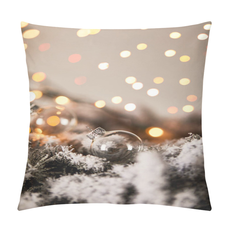 Personality  Transparent Christmas Balls On Spruce Branches In Snow With Blurred Yellow Lights Pillow Covers