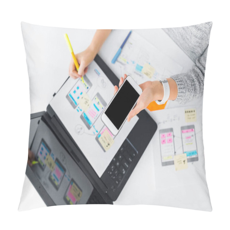 Personality  Designer With Smartphone Working On User Interface Pillow Covers