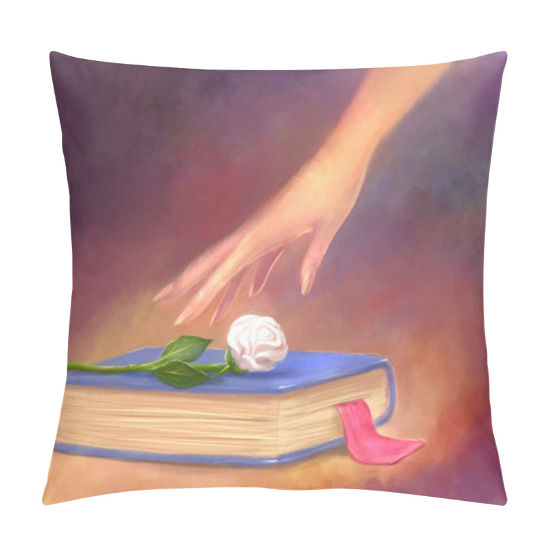 Personality  Bright Art Illustration. Book With Rose And Hand. Fairy Tales, Studying And Reading Books, Love Of Books, Books Novels Pillow Covers