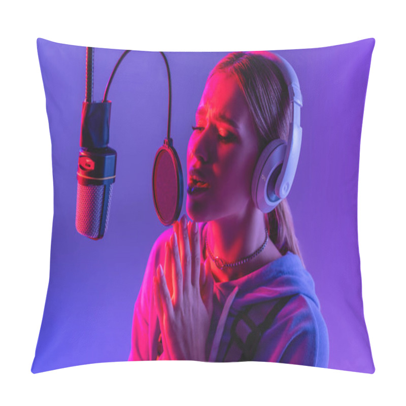 Personality  Young Woman In Wireless Headphones Recording Song While Singing On Purple With Color Filter  Pillow Covers