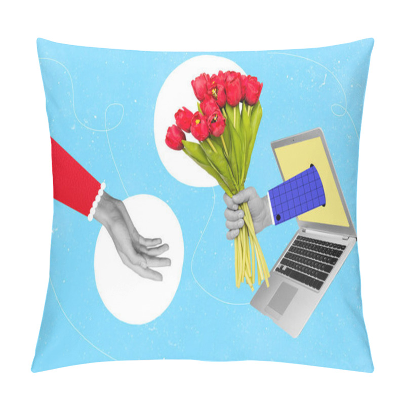 Personality  Collage Photo Of Abstract Online Laptop Internet Hold Bouquet Red Flowers Hand Through Screen Eshopping Isolated On Blue Color Background. Pillow Covers