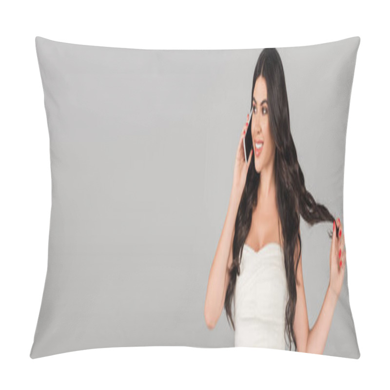 Personality  Happy Brunette Woman Talking On Cellphone While Touching Healthy Hair Isolated On Grey, Banner Pillow Covers