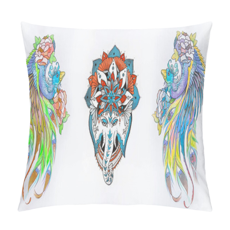 Personality  Set Of Sketches Of An Elephant Head And Peacocks On A White Background. Pillow Covers