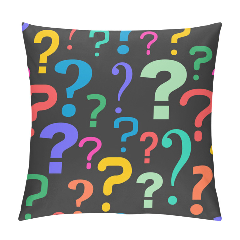 Personality  Opinion Poll By Conducting A Series Of Questions, Survey Poster Mockup. Many Multicolor Question Marks Seamless Pattern On The Black Background For Social Survey. Pillow Covers