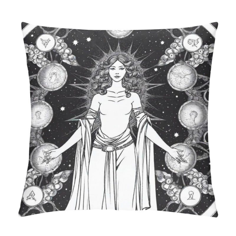 Personality  A Detailed Black And White Artistic Representation Of The Cosmos As Envisioned By Enoch, Showing Celestial Spheres And Angelic Beings Governing The Universe, With Stars And Planetary Bodies Meticulously Detailed Pillow Covers