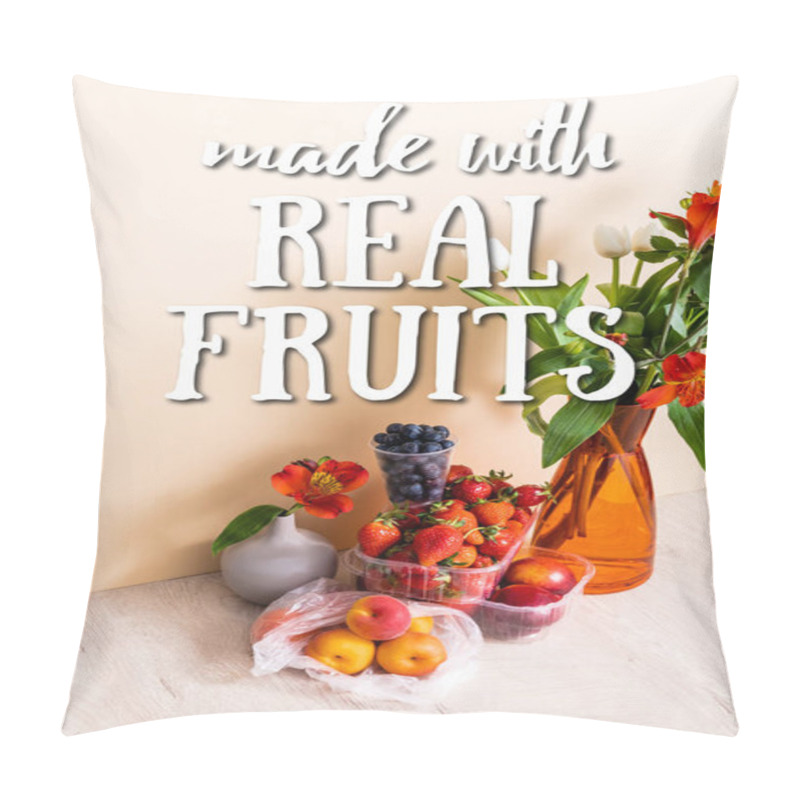 Personality  Floral Composition With Flowers In Vases Near Fruits And Made With Real Fruits Lettering On Beige  Pillow Covers