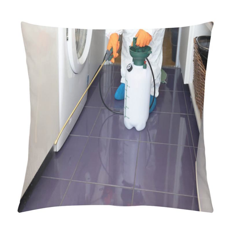 Personality  Pest Control Worker Spraying Insecticide With Sprayer In The Kitchen Pillow Covers