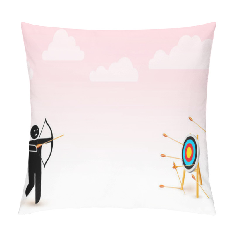 Personality  Failing To Hit The Target. Vector Illustration Depicts Failure, Inaccurate, Missing. Man Trying To Shoot Arrows With Bow To Hit The Bullseye But Failed Miserably. Isolated On A Light Pink Background Pillow Covers