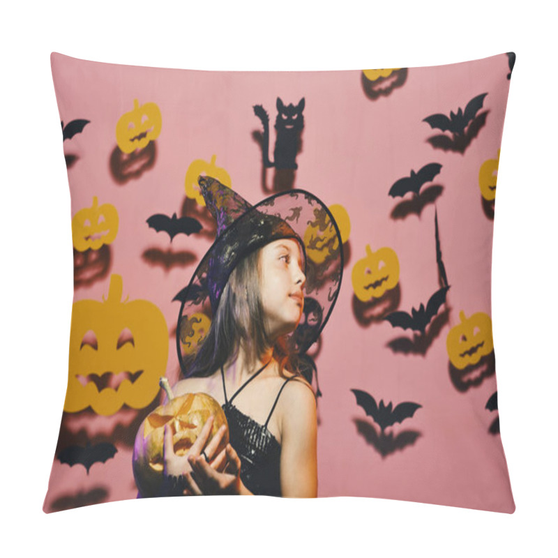 Personality  Kid In Spooky Witches Costume Holds Carved Pumpkin. Halloween Party And Decorations Concept. Girl With Romantic Face Pillow Covers