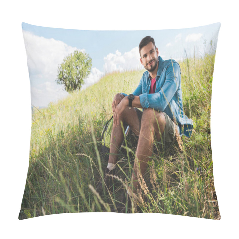 Personality  Handsome Smiling Traveler Sitting On Green Summer Meadow Pillow Covers