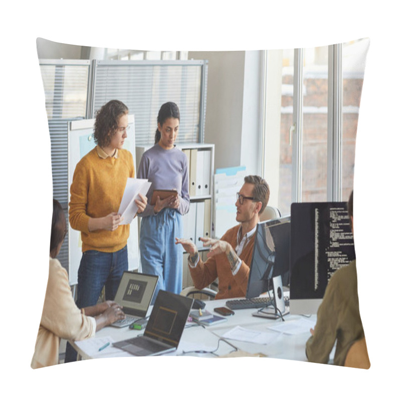 Personality  Portrait Of Diverse Software Development Team Collaborating On Project In Modern Office, Focus On Lead Engineer Instructing Colleagues, Copy Space Pillow Covers