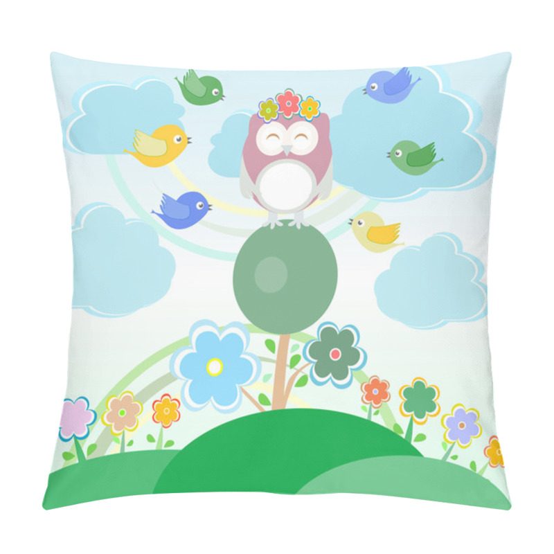 Personality  Background With Flowers, Birds And Owl Sitting On The Tree Pillow Covers