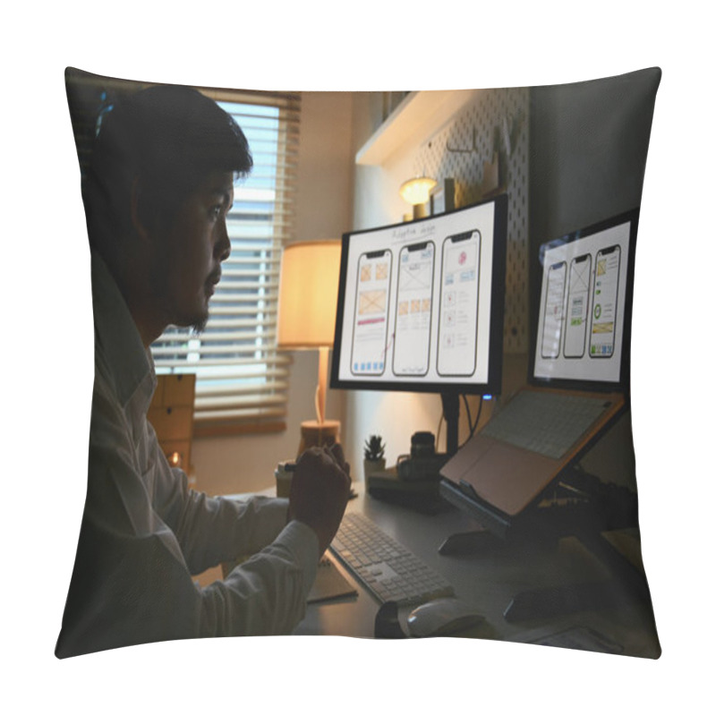 Personality  Focused Male Developer Working On Development Project For Mobile Application At Home Office. Pillow Covers