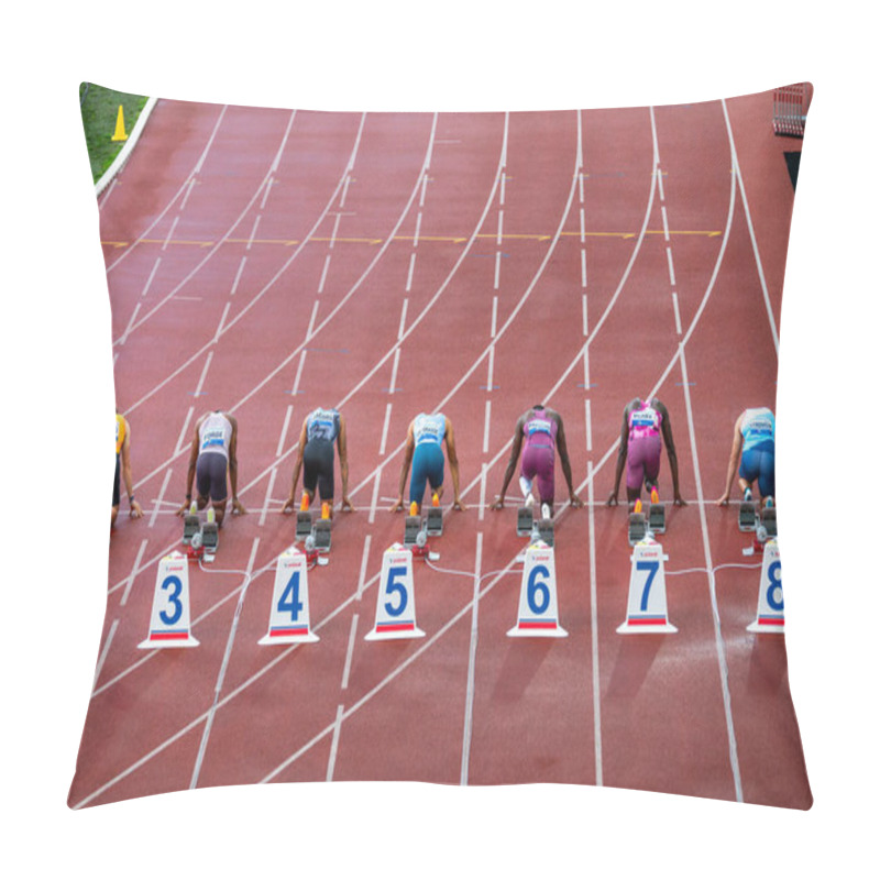 Personality  OSTRAVA, CZECHIA, MAY 28, 2024: Elite Sprinters Set For The 100-Meter Sprint. Pre Race Before Summer Olympics Paris 2024 And European Championship Pillow Covers