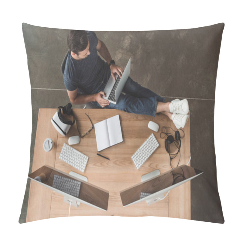 Personality  Overhead View Of Young Man Using Laptop And Desktop Computers At Workplace  Pillow Covers