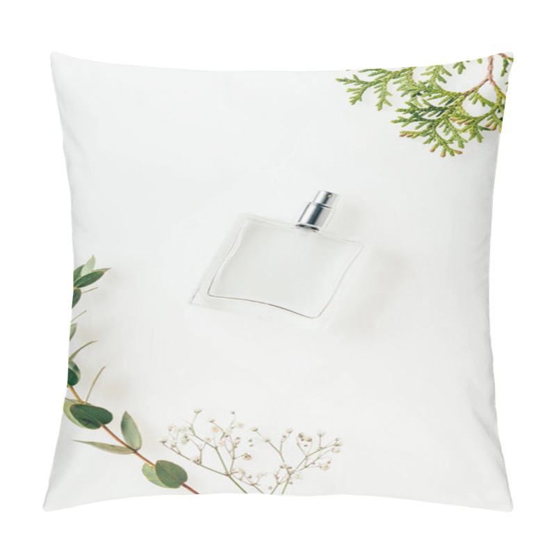 Personality  Top View Of Bottle Of Perfume With Green Branches On White Pillow Covers